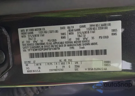 2019 Ford F150 Supercrew из США, поврежденный, VIN 1FTEW1EP2KFD13079